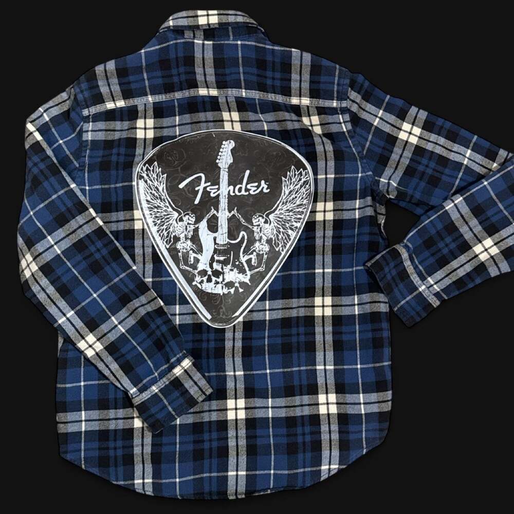 Upcycled american eagle flannel w Fender Pick graphic